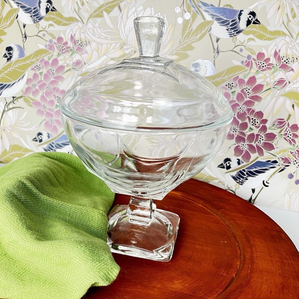 VTG Hazel Atlas Colony Clear Square Footed Glass Candy Dish Preserve Bowl w/ Lid - Picture 15 of 16